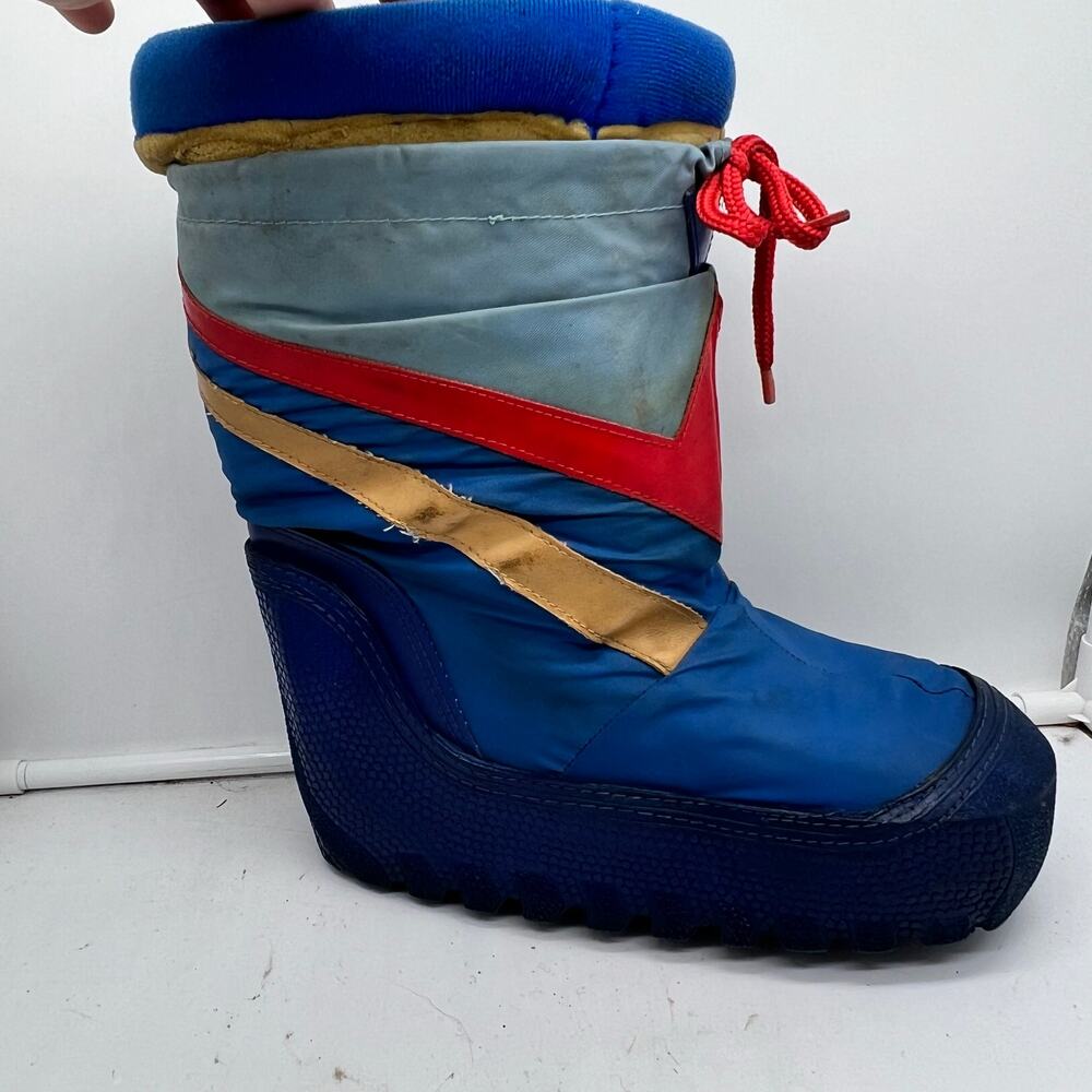 Vintage 80s Snow Boot Youth 4-5 Blue Nylon Stripe Winter Moon